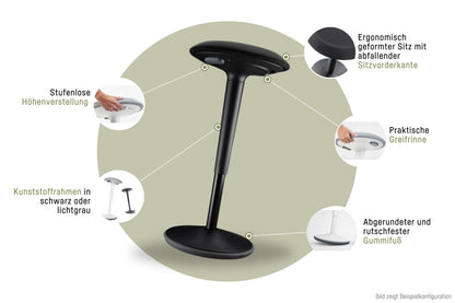 Sedus se:fit, ergonomic stool, standing stool, standing seat, standing aid, black, plastic, rubber foot, height adjustable from 53-80 cm