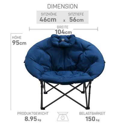 EVER ADVANCED Luxury Camping Chair Foldable Moon Chair Oversized 150KG Round Folding Chair Thickly Padded, Oversized Folding Chair High Back with Cushion, Extra Wide for Outdoor Garden Balcony Indoor, Blue