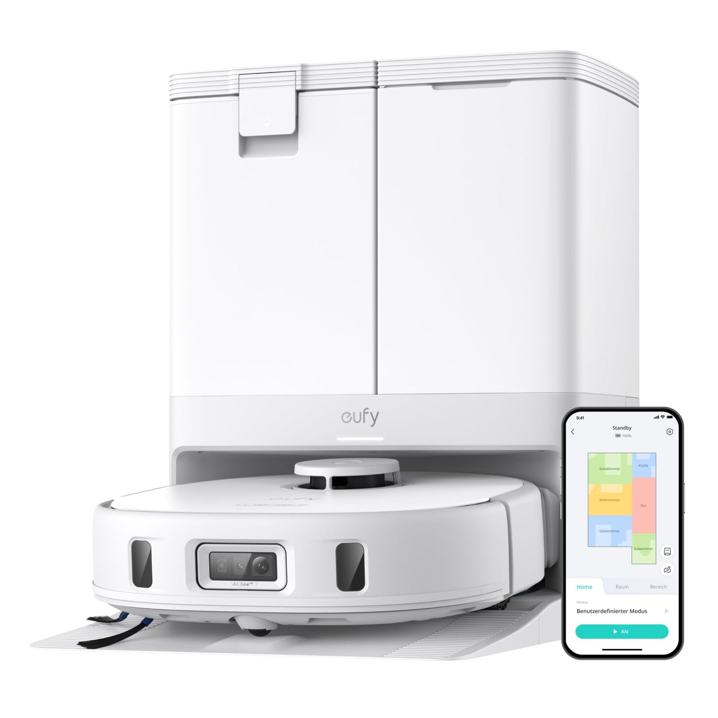 eufy X10 Pro Omni robotic vacuum with mopping function & docking station, all-in-one station, 8,000Pa, auto empty/refill, 2× auto lift mop with auto wash/dry, active obstacle avoidance (white)