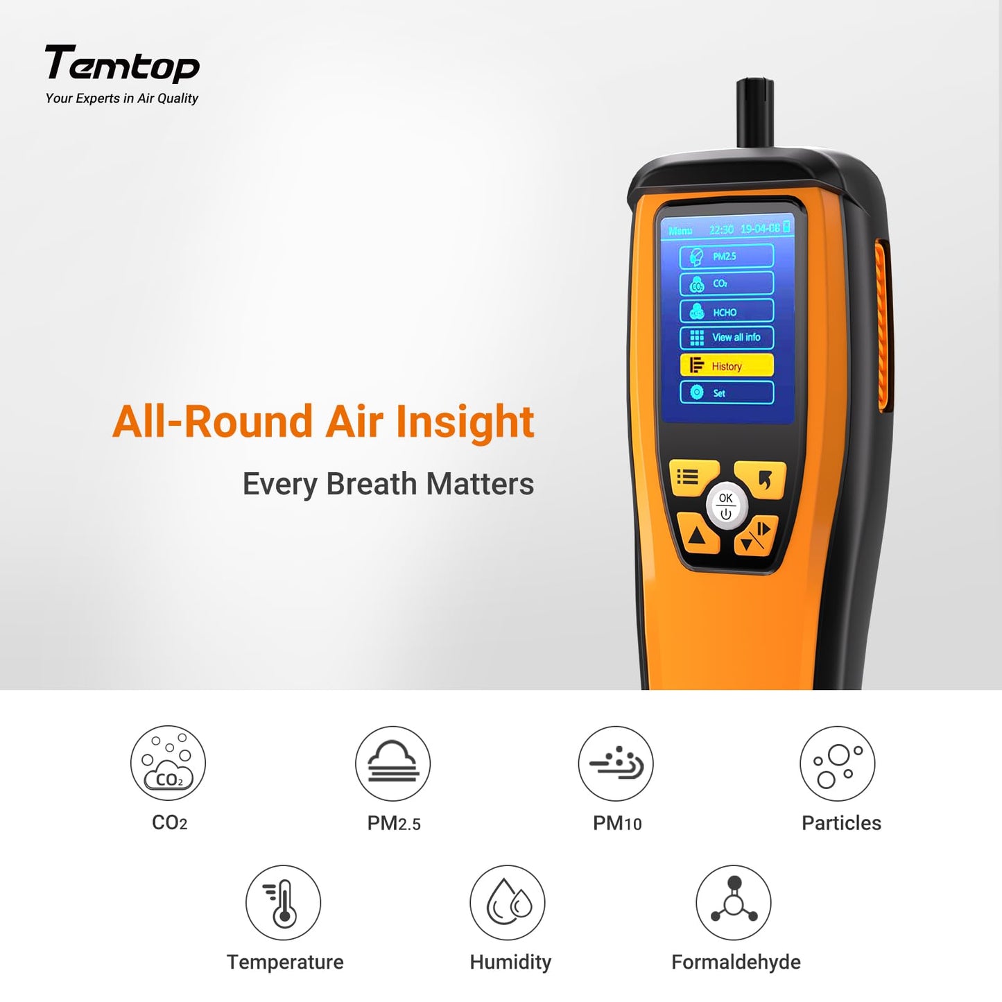 Temtop air quality monitor measures PM2.5, PM10, particle count, CO₂, HCHO, temperature, and humidity. Portable device for monitoring indoor air quality.
