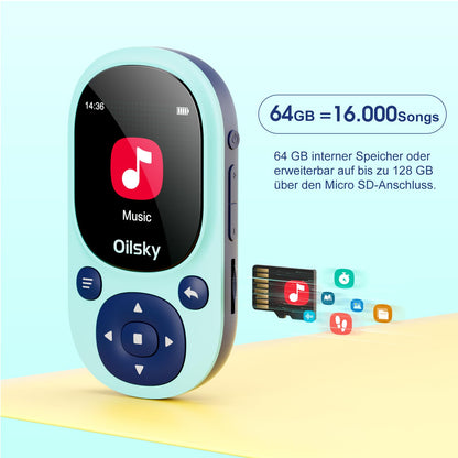 64GB Bluetooth MP3 player, Oilsky Clip-on Mp3 player for sports, mini portable music player for kids with FM radio, recording, pedometer, includes earphones.