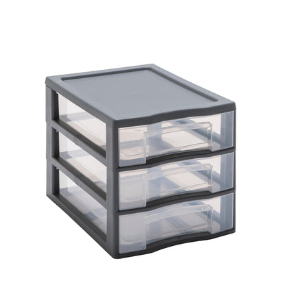 SUNDIS Day Tower, plastic drawer unit, grey, 3 transparent drawers for A4 paper, height 25.5 cm, stackable, great for desk, classroom, documents, accessories.