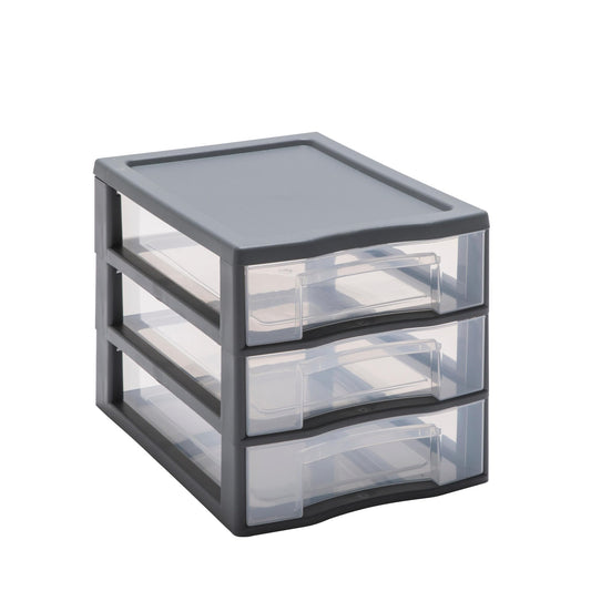 SUNDIS Day Tower, plastic drawer unit, grey, 3 transparent drawers for A4 paper, height 25.5 cm, stackable, great for desk, classroom, documents, accessories.