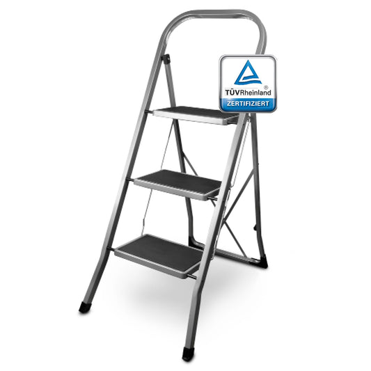 siwitec step ladder, foldable ladder with 3 steps, steel folding stool can hold up to 150 kg, foldable step stool, TÜV/GS certified, anthracite