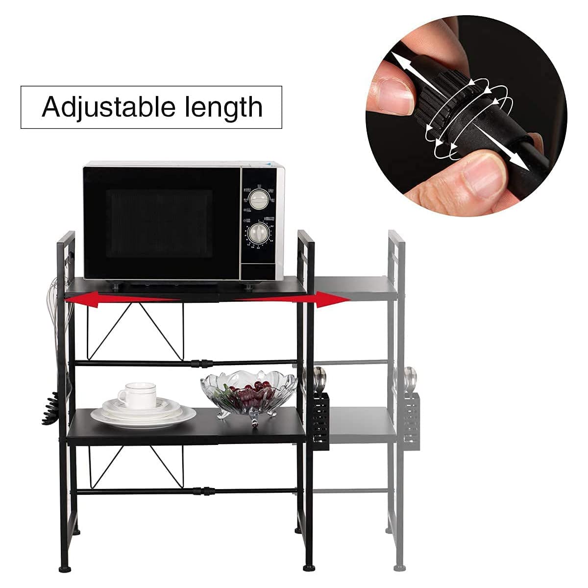 XDAILUYYDS Microwave Shelf, Oven Rack, 2-layer Expandable Microwave Stand, Microwave Holder Organizer, Kitchen Shelf Standing, Countertop Kitchen with Hooks. (black)