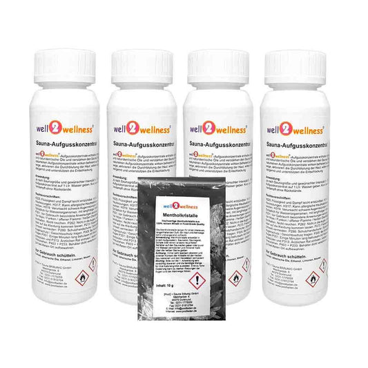 well2wellness® sauna infusion set 4 x 125 ml 'Classic 2' with eucalyptus, mountain pine, mint, Finnish winter + free 10g menthol crystals