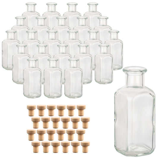 gouveo 24-pack glass bottles 100 ml apothecary design square with cork (HGK) - small 0.1 l glass bottle for liqueur, oil, vinegar, decoration (AFET100HGK)