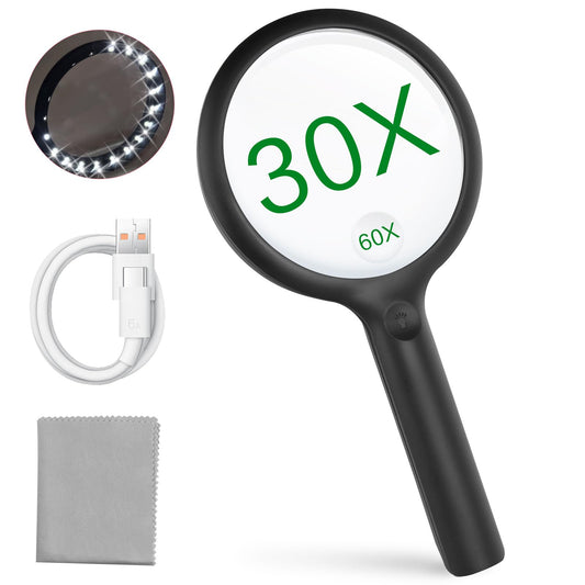 LED Lighted Magnifying Glass - Reading magnifier with light for seniors Large 3 light modes USB rechargeable Illuminated magnifying glass with 20 LEDs Lightweight Magnifying glass with eyeglass cloth Handheld magnifier for visual impairment (Black)