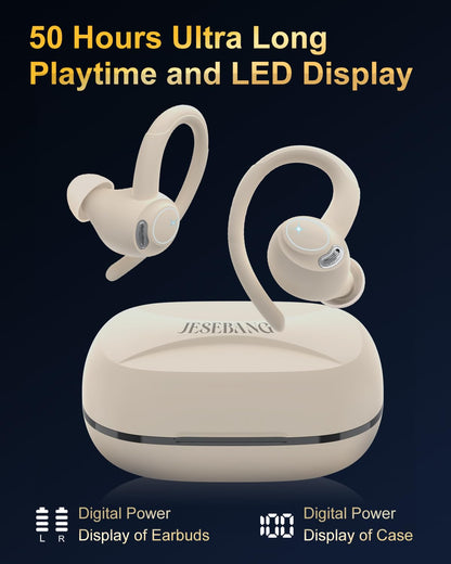 Bluetooth Sport Earphones, Wireless in-Ear Headphones with Bluetooth 5.3, HD Mic, Outstanding Sound, 40 Hrs Playtime, Comfort Fit, Dual LED Display, IP7 Waterproof Earbuds with Ear Hooks, Beige.