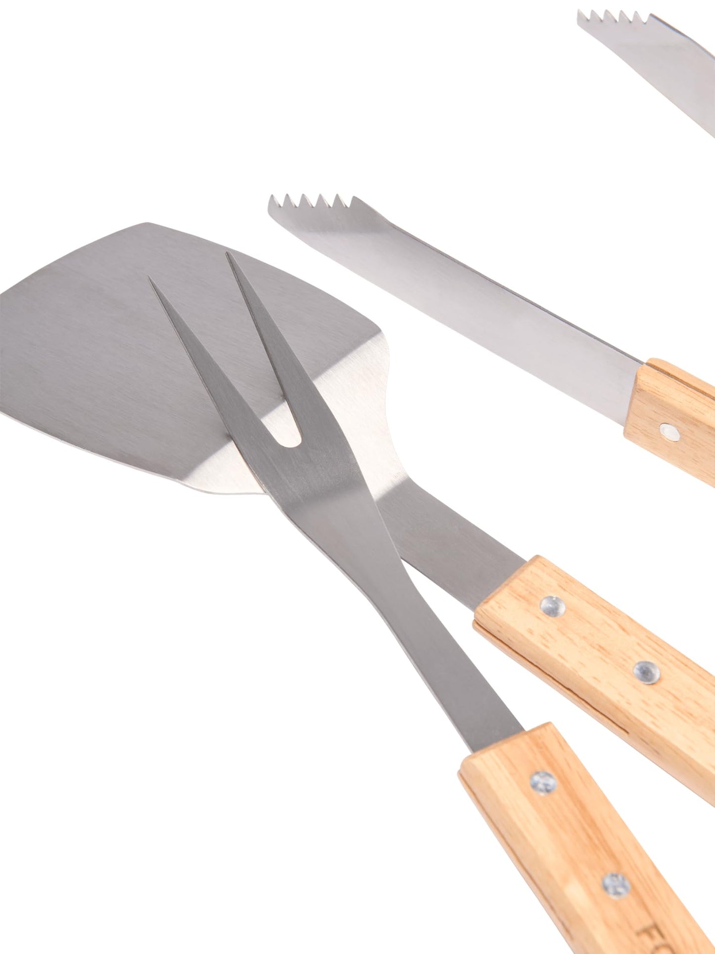 FC Bayern Munich barbecue tool set, 3 pieces including turner, tongs, and fork, made of wood. Football theme.