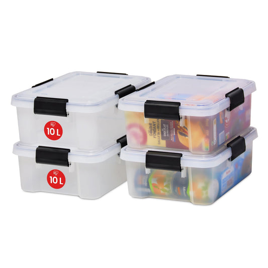 Iris Ohyama airtight plastic storage boxes with lid, 10L, set of 4, Transparent, Hermetic watertight seal, Robust snap locks, Stackable, Dust protection, BPA-free, AT-S