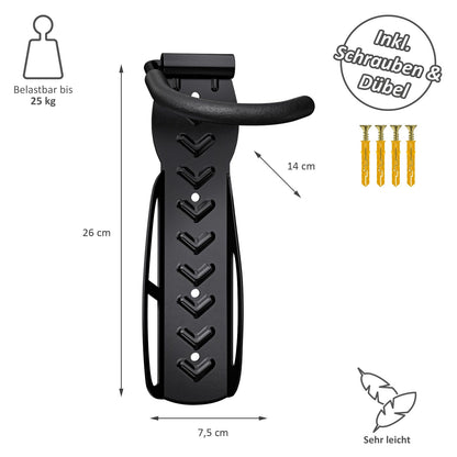4 x WELLGRO Wall Bike Holder - Steel Bike Wall Mount - Bike Hooks - Bike Stand - Stand - Color selectable, Color: Black