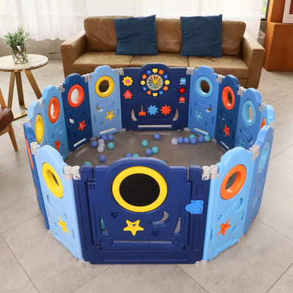 YOLEO Playpen for baby, Foldable Playard 120×120cm, Plastic Playpen in adaptable shape, playpen with door and toy board, Blue