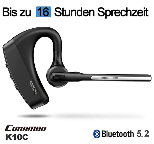 Conambo Bluetooth headset V5.2, K10C Bluetooth headset with CVC8.0 and ENC noise cancelling technology, Bluetooth headset with microphone for cell phone, car drivers, business office.