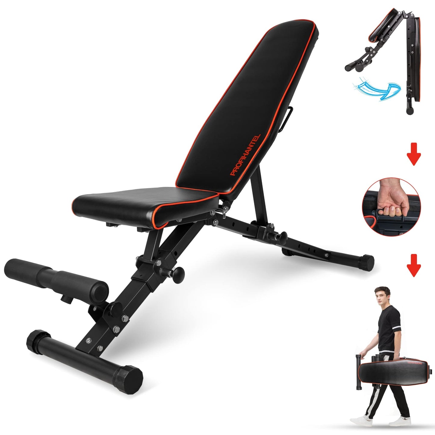 Professional dumbbell | Foldable Deluxe Dumbbell Bench | Space-saving & quick to fold | 21-level adjustable incline bench | Extremely durable with 550 kg weight capacity | With leg rest | Foldable and stable training bench