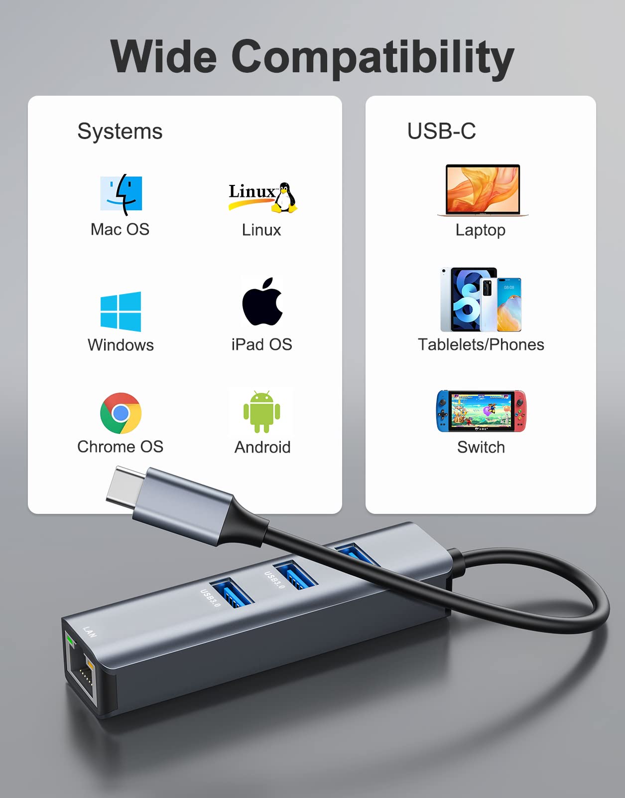 ABLEWE USB C Ethernet Hub, 4 in 1 USB C to Ethernet Adapter with 3 USB 3.0 ports and RJ45 Gigabit Ethernet LAN Network Adapter for MacBook, MacBook Pro, Chromebook Pixel, Laptop, and more devices.