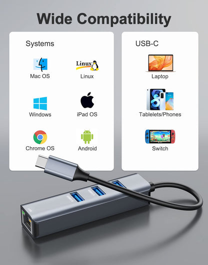 ABLEWE USB C Ethernet Hub, 4 in 1 USB C to Ethernet Adapter with 3 USB 3.0 ports and RJ45 Gigabit Ethernet LAN Network Adapter for MacBook, MacBook Pro, Chromebook Pixel, Laptop, and more devices.