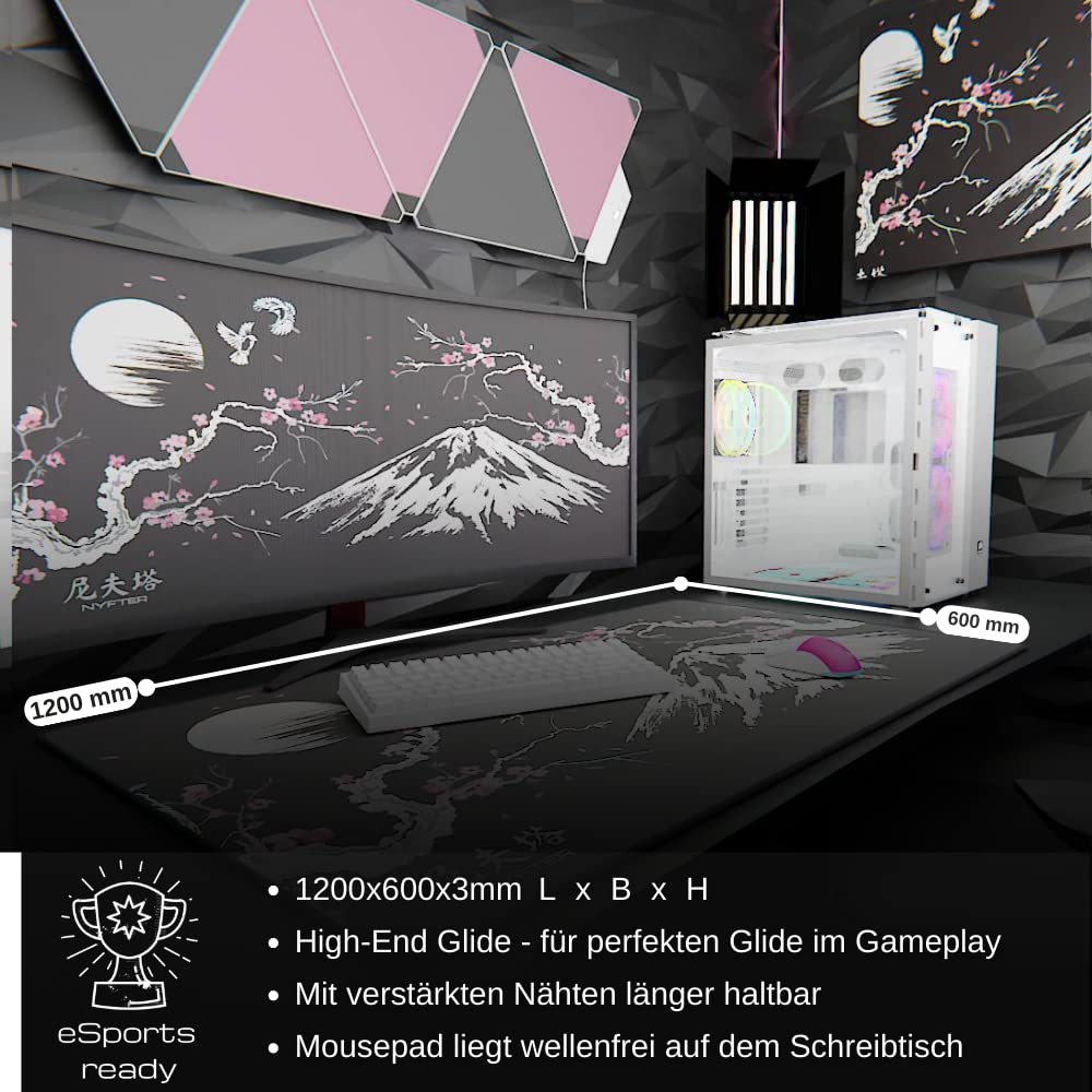Nyfter - 3XL Gaming Mousepad Sakura Black 1200 x 600mm Premium Fuji Mousepad Size Large stitched edges durable with high-end glide and anti-slip speed gaming mousepad