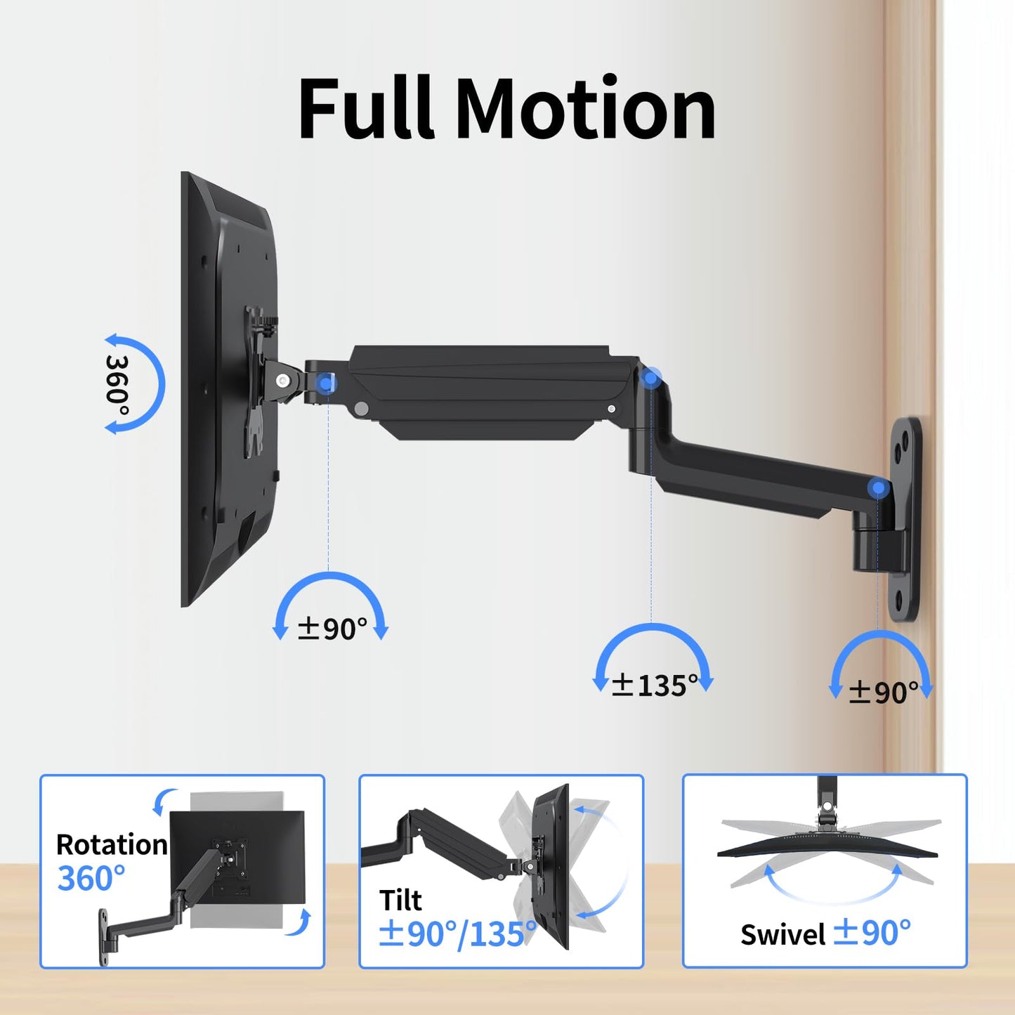 suptek monitor wall mount for 13-32 inch LED/LCD/TV screen up to 9 kg, with fully adjustable gas spring, height adjustable, tilt, swivel, and rotate, VESA 75/100.