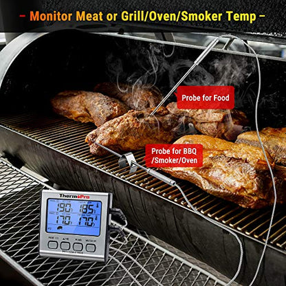 ThermoPro TP17 Digital Meat Thermometer with Dual Probe, Large LCD Backlight, Food Grill Thermometer with Timer Mode for Smoker, Kitchen, Oven, BBQ, Silver
