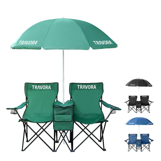 TRAVORA 2-person partner camping chair with sunshade and cooler compartment and logo - folding camping chair for two people - folding chair camping - camping chair fishing chair as a double seater (green)