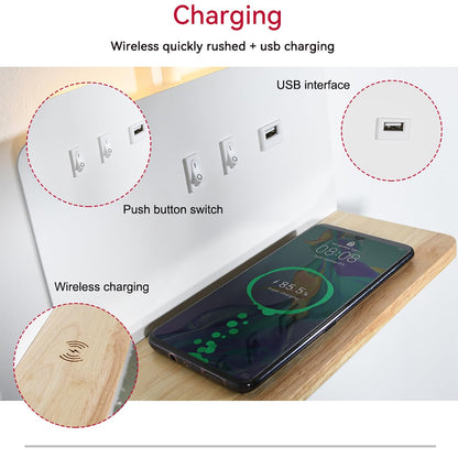 White LED indoor wall light with plug, bedroom wall lamp with USB ports and 10W wireless charger, adjustable and flexible swan-neck reading lamp, 3000K bedside lamp with backlight.