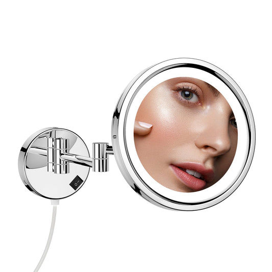 DOWRY Makeup Mirror with Lights, 10x Magnification Wall Mounted Vanity Mirror, 3 LED Light Colors Cosmetic Mirror, Shaving Mirror for Bathroom, Ø25CM, Chrome