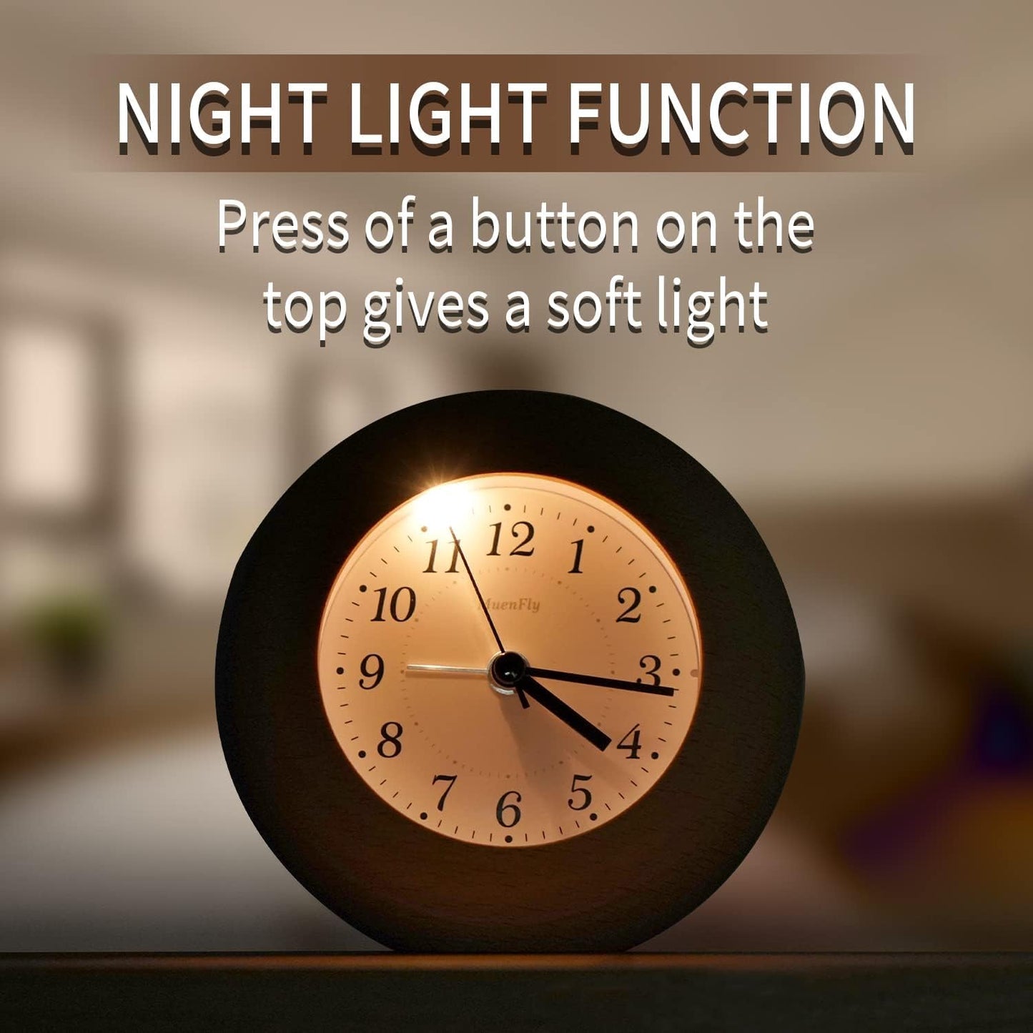 Analog alarm clock without ticking, wooden alarm clock with snooze, retro table clock battery-operated with night light for bedroom, study, office, children's room - Sapele [1 x AA battery required]