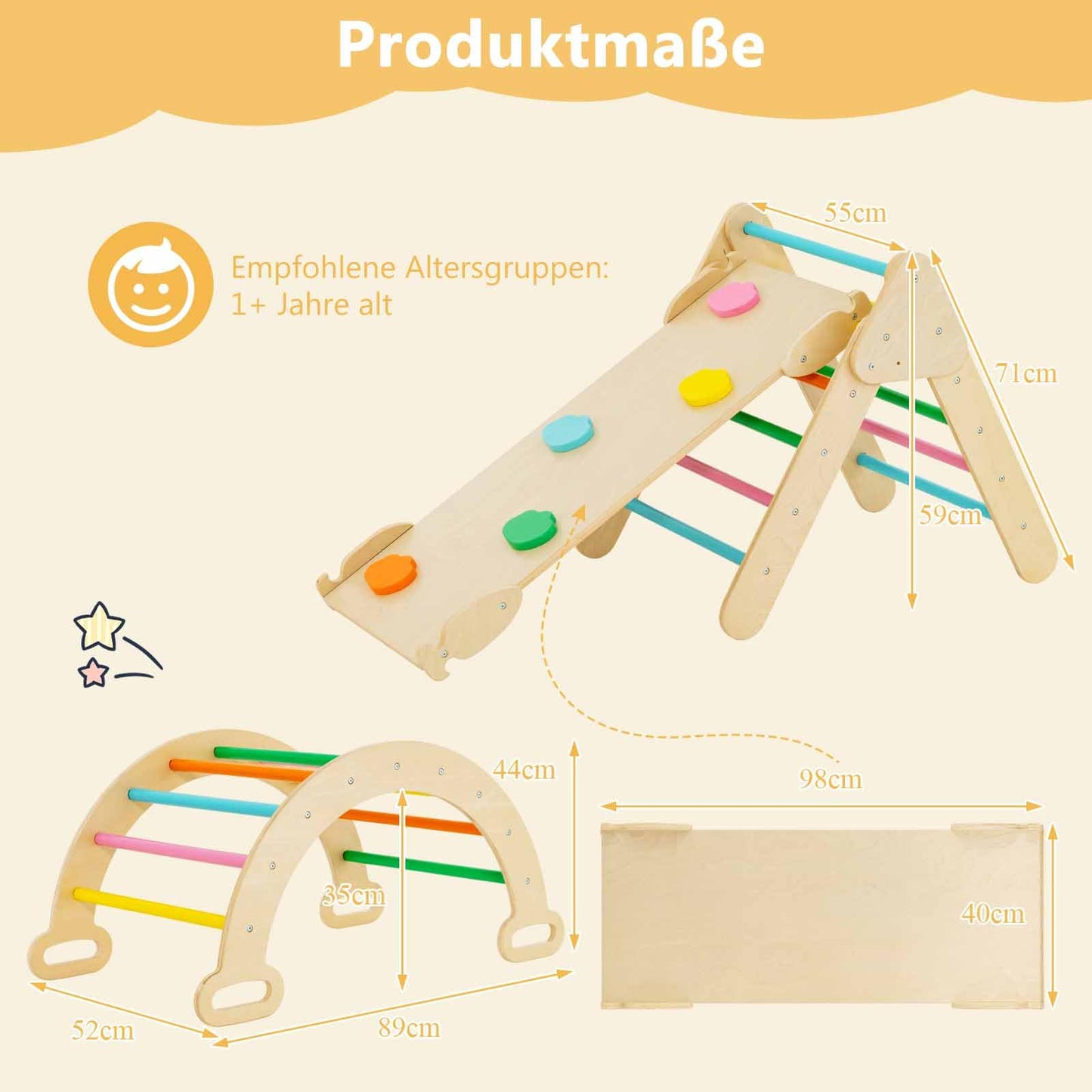 COSTWAY Climbing Triangle with Slide, Climbing Arch, including double-sided ramp, for climbing, sliding, and rocking, 4 in 1 indoor climbing frame for ages 1 and up (Multicolor)