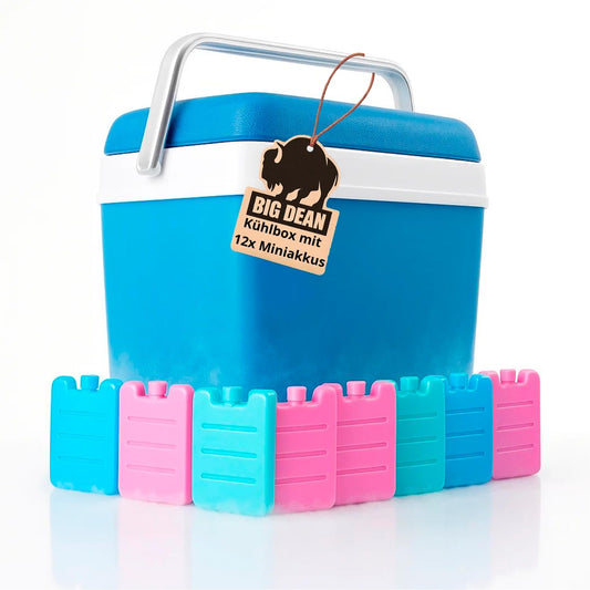 Cooler box including 12 cooling packs. 24-liter cooler box with battery for up to 11 hours of cooling.