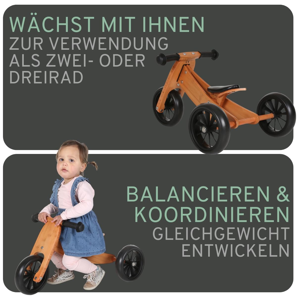 Bandits & Angels Wooden 4-in-1 Smartbike for children from 1 year (bamboo, unisex)