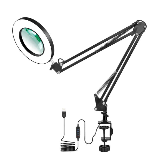 NEWACALOX Desk LED Magnifying Lamp, dimmable Super Bright Adjustable Desk Lamp with 5X Magnifying Glass, 3-color illuminated Magnifier with Daylight and Adjustable Swing Arm.