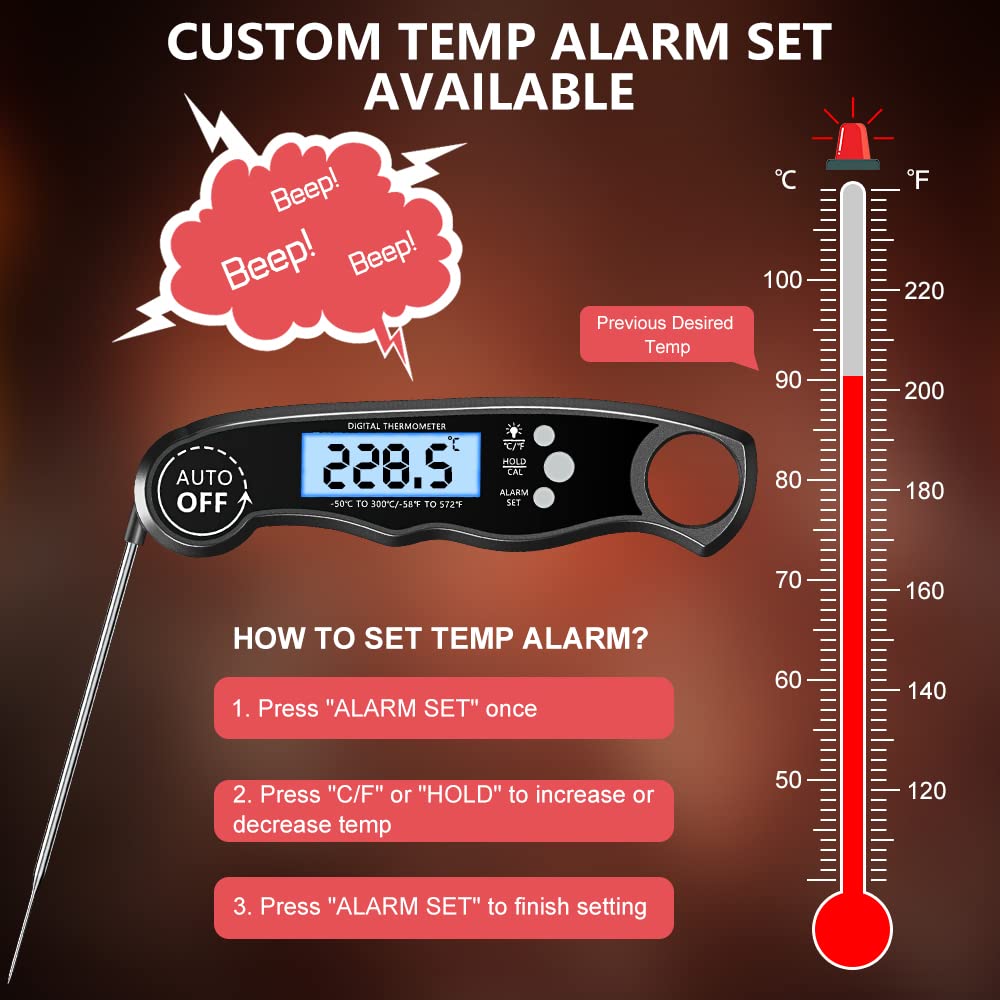 CIRYCASE Digital Meat Thermometer, Instant Read Roasting Thermometer Grill Thermometer, External Probe with 2 Long Probes & Magnet, Alarm Function, Kitchen Thermometer for BBQ, Oven.