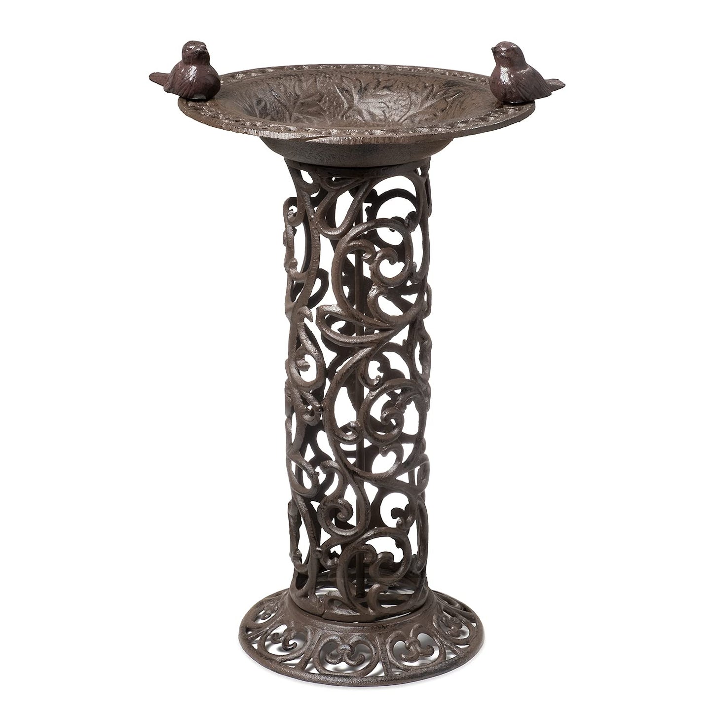 Large bird bath with decorative birds made of cast iron. Metal water bowl for feeding and garden decoration.