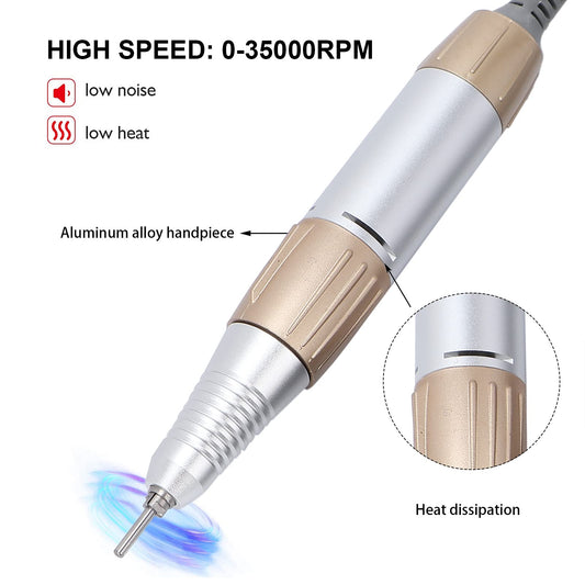 35000 RPM Electric Nail Drill, Nail Drill Replacement Handle Handpiece, Manicure Pedicure Machine Polishing Tool for Acrylic Nails, Low Noise Nail Art Tool for Salon and Home Use