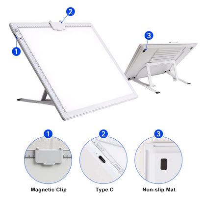 A3 light table, rechargeable LED light pad with 3 color modes and 6 brightness levels. Ideal for tracing, diamond painting, drawing, and sketching.