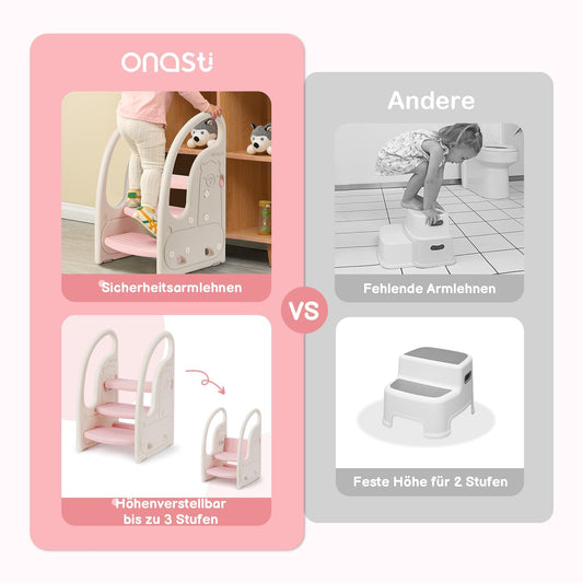 Onasti Kids Step Stool, Three-Step Height Adjustable Toddler Stool for Babies, Comfortable Handrail, Multi-Functional, Anti-Slip, Suitable for 1.5 to 6 Years - (Pink)