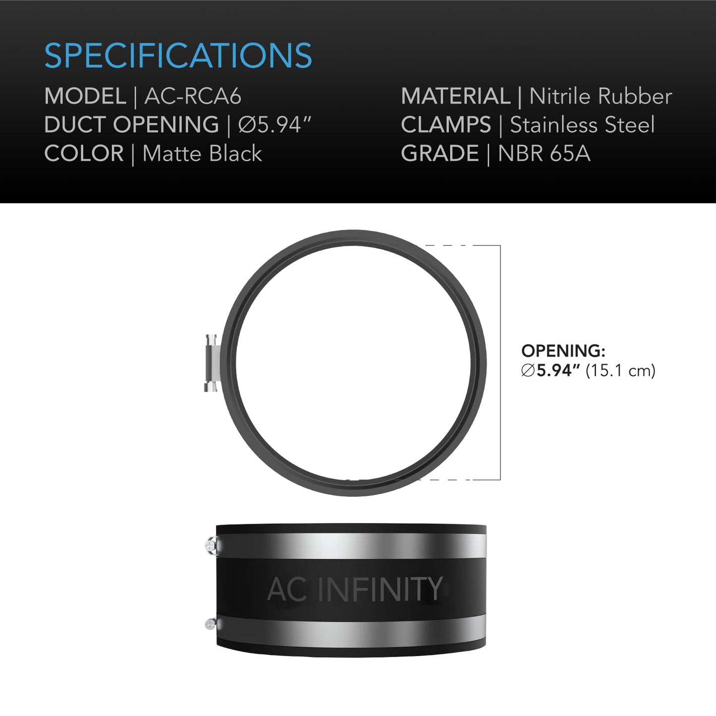 AC Infinity Noise Reducing Clamp, Duct Connector with Stainless Steel Clamps, 150mm - Flexible rubber clamp for inline fans and carbon filters in grow tents and ventilation systems.