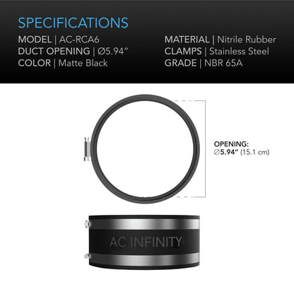 AC Infinity Noise Reducing Clamp, Duct Connector with Stainless Steel Clamps, 150mm - Flexible rubber clamp for inline fans and carbon filters in grow tents and ventilation systems.