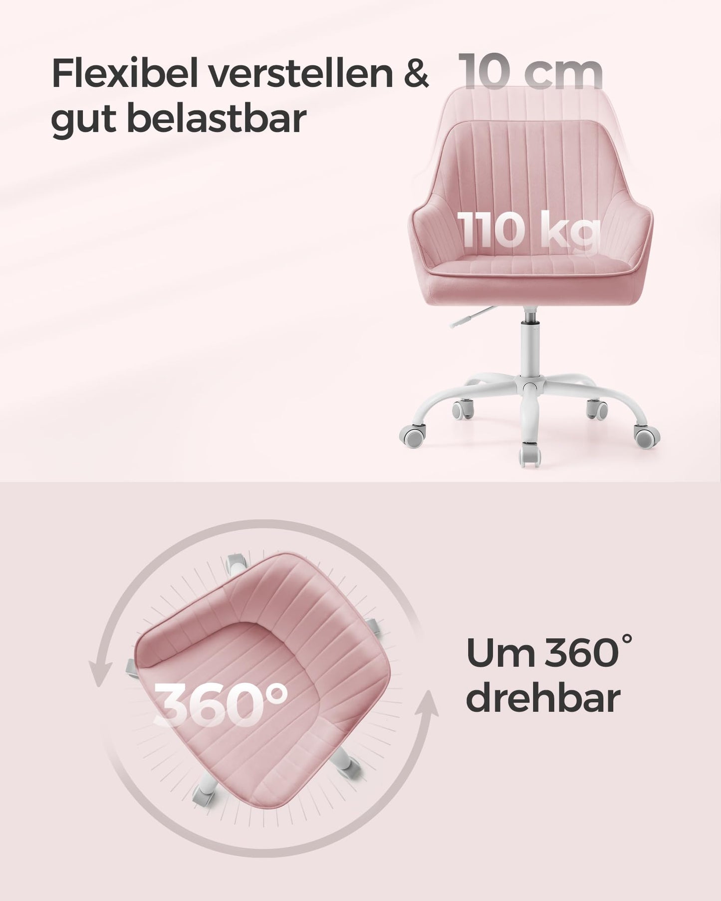 SONGMICS Office Chair, Swivel Chair with Velvet Cover, Foam Padding, Height Adjustable, for Home Office, Bar, Pastel Pink OBG012R01