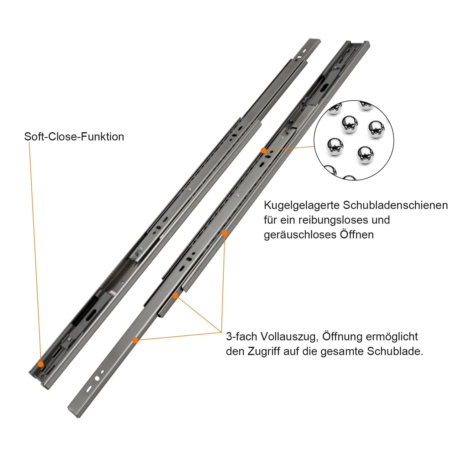 Lospitch 4 pairs of ball-bearing drawer slides 350 mm, 3-fold full extension ball-bearing slides with self-closing feature. Robust full extensions with 35 kg load capacity.