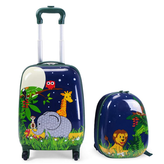 GOPLUS Kids Suitcase with Backpack, Kids Trolley, Children's Luggage with Wheels, Travel Suitcase with Telescopic Handle, Hard Shell Suitcase for Kids, Children's Trolley Color Choice (Elephant, 12"+16")