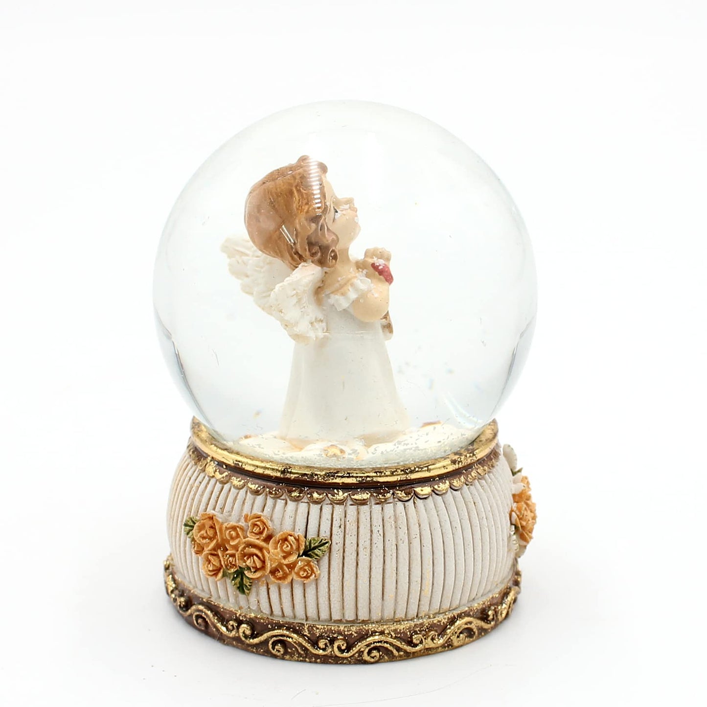 Snow globe/shake ball standing angel with star in hand, antique base with roses, size L/W/H approx. 8 x 6.5 x 8 cm, Ø ball 6 cm.