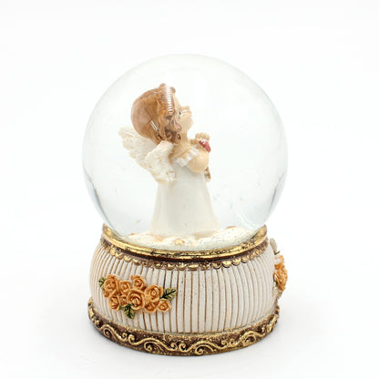 Snow globe/shake ball standing angel with star in hand, antique base with roses, size L/W/H approx. 8 x 6.5 x 8 cm, Ø ball 6 cm.