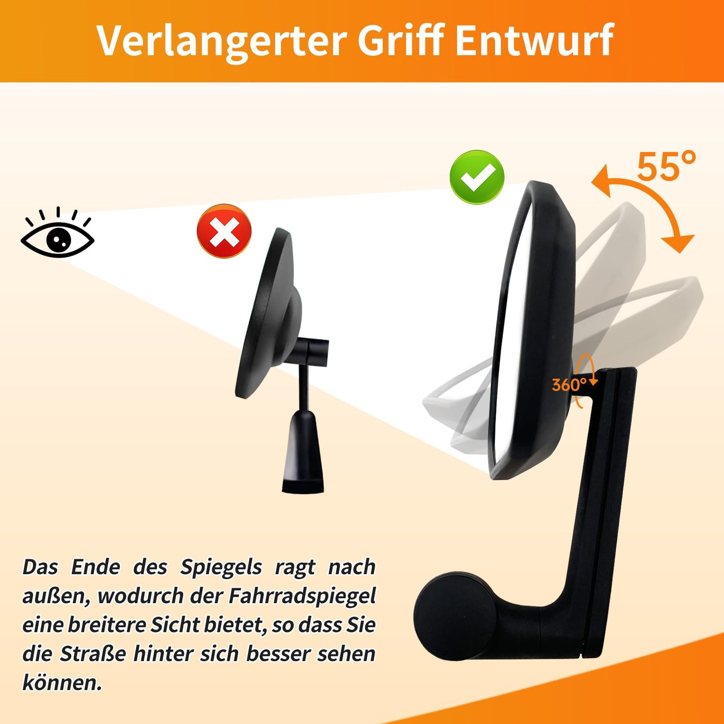 Homieway bike mirror, New adjustable bike rearview mirror with controlled extension direction, Real glass 360° rotating bike handlebar mirror, Foldable bike mirror for e-bike handlebars on the right side.