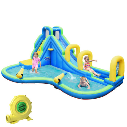 COSTWAY Inflatable Bounce House Water Slide, Water Play Center with Slide, Inflatable Water Park, Splash Pool 478x366x242cm (Bounce House with Blower)