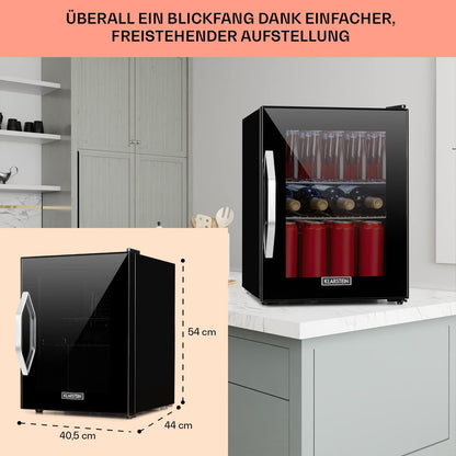 Klarstein beverage refrigerator, small fridge with 2 shelves, silent mini fridge for office camping outdoor, mini fridge with glass door, mini fridge 0-10°C, beer fridge 33L, black