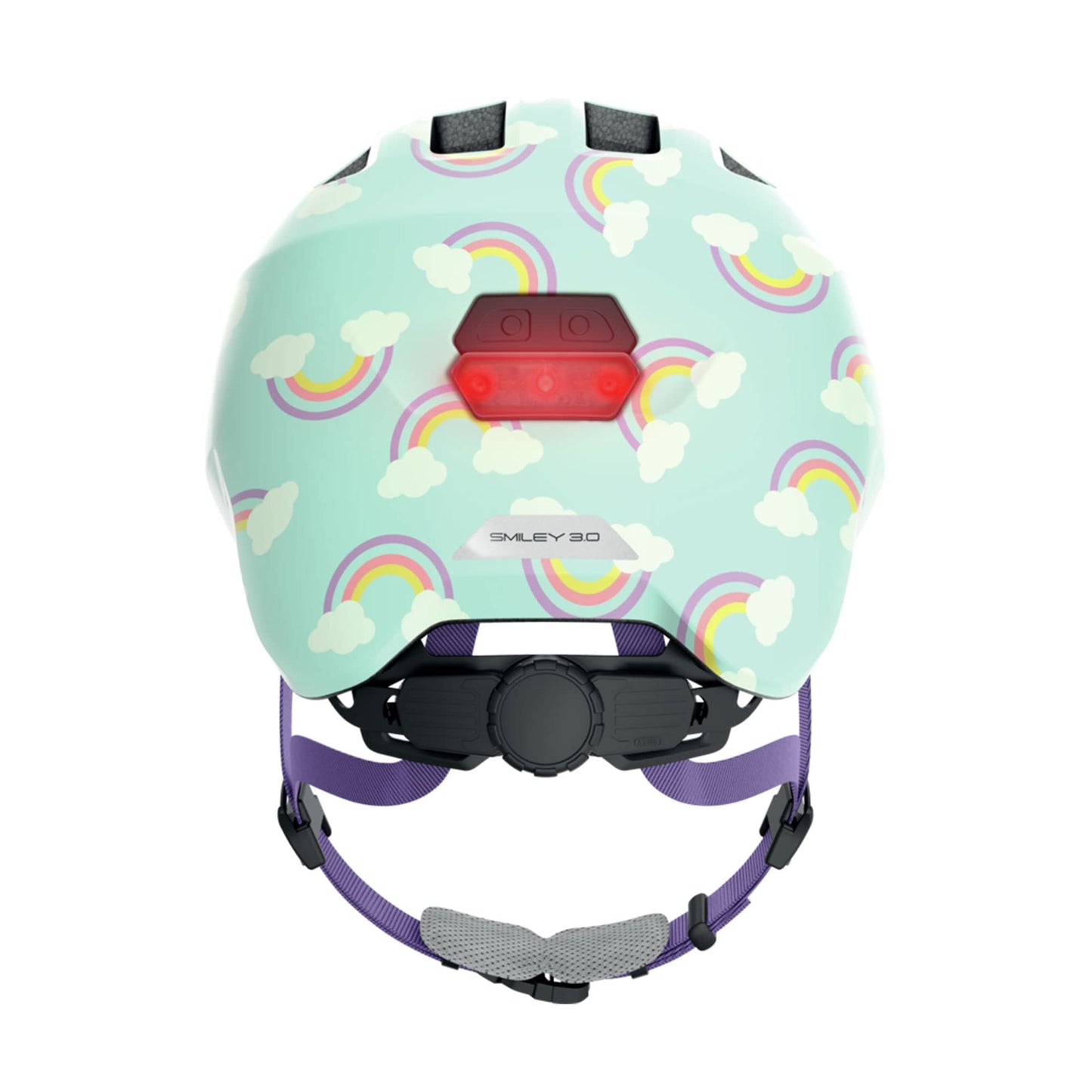 ABUS Children's Helmet Smiley 3.0 LED - bike helmet with light - deep fit & space for a ponytail - for girls and boys - Light blue with rainbow pattern, size M