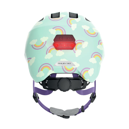 ABUS Children's Helmet Smiley 3.0 LED - bike helmet with light - deep fit & space for a ponytail - for girls and boys - Light blue with rainbow pattern, size M