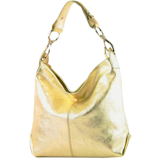 modamoda de T168 women's leather shoulder bag handbag medium handmade in Italy, color: light gold metallic